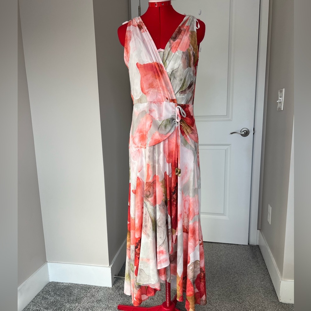 Donna Karan Coral, Pink and White Watercolor Floral Wrap Maxi Dress